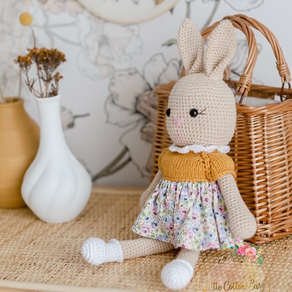 Little Cotton Ears crochet bunny wearing a floral dress 