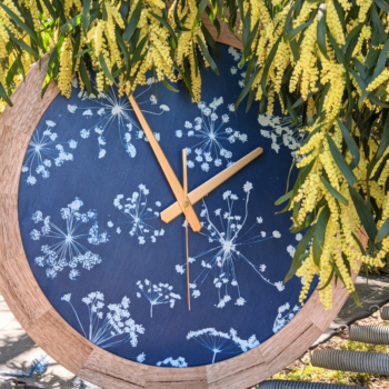 Blue Bower Art Studio Cyanotype Floral Wall Clock