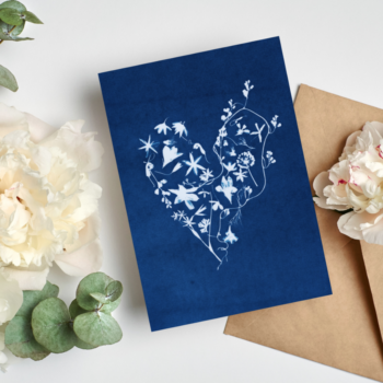 Blue Bower Art Studio Heart Cyanotype Floral Greeting Card